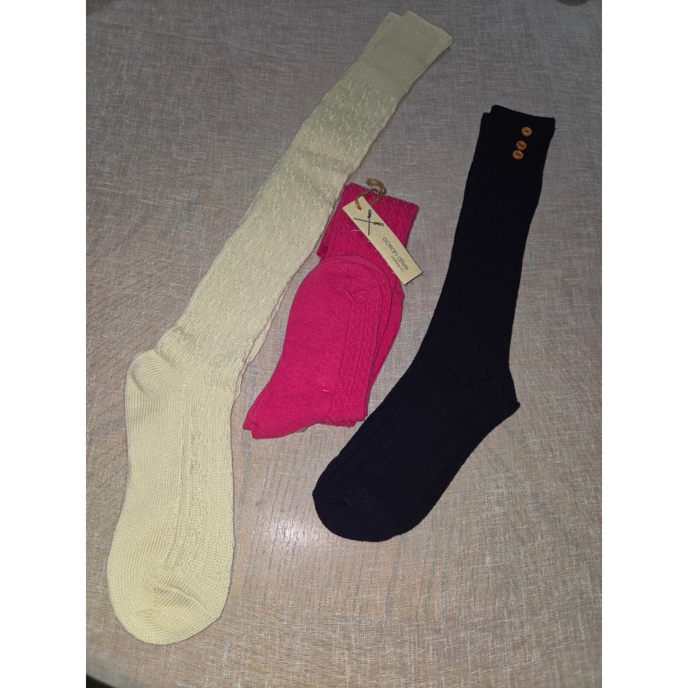 Womens Knit Sock Bundle of 3 Pink Cream Black Button Detail